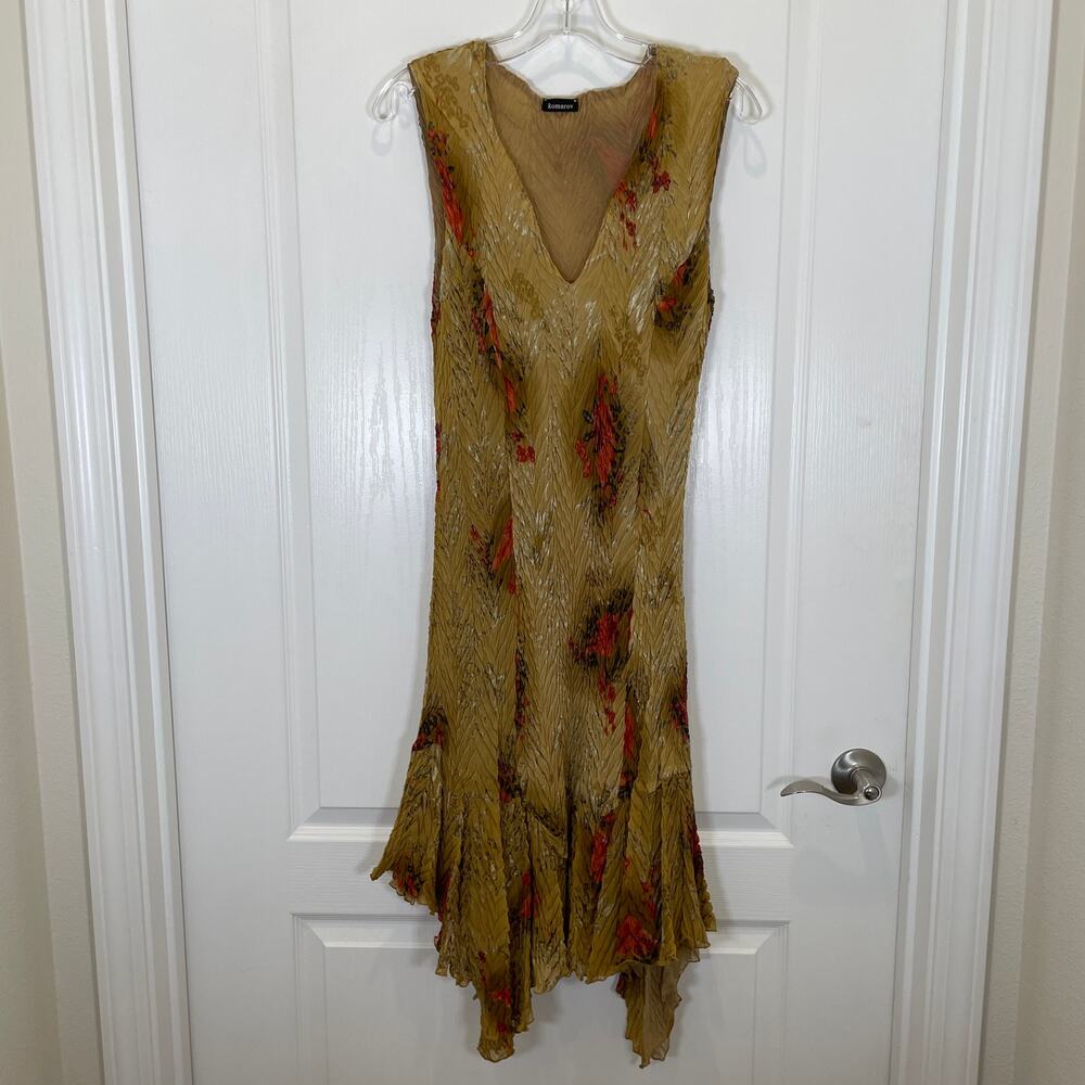 Komarov Crinkle Stretch Gold Red Floral Dress Asymmetrical Vneck Artsy Midi L‎